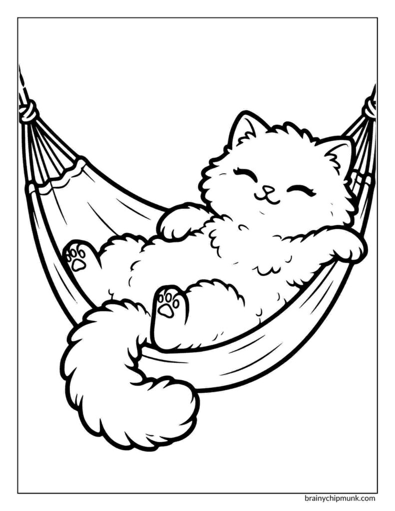 A fluffy, content kitten lounges on a hammock. Its eyes are closed, and paws are relaxed, conveying a sense of peace and relaxation. The scene is playful and calming.