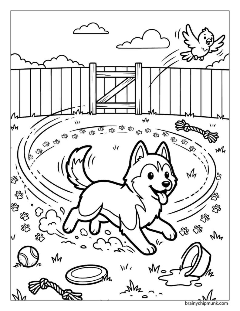 42 Cute Husky Coloring Pages A happy husky runs in a circular path in a fenced yard coloring page. Toys and a water bowl are scattered on the grass. A bird flies above, sky clear.