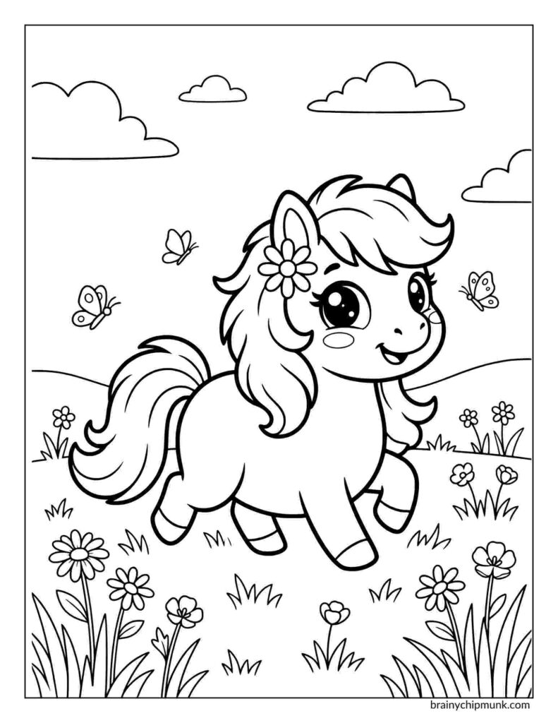 A cute pony with a flower behind its ear frolics in a field of flowers. Butterflies flutter nearby, under a sky with fluffy clouds. Playful and joyful setting.