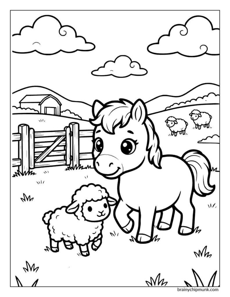 Coloring page featuring a pony and lamb in a grassy field, with a barn, fence, and fluffy clouds in the background. Two sheep graze nearby, creating a cheerful farm scene.