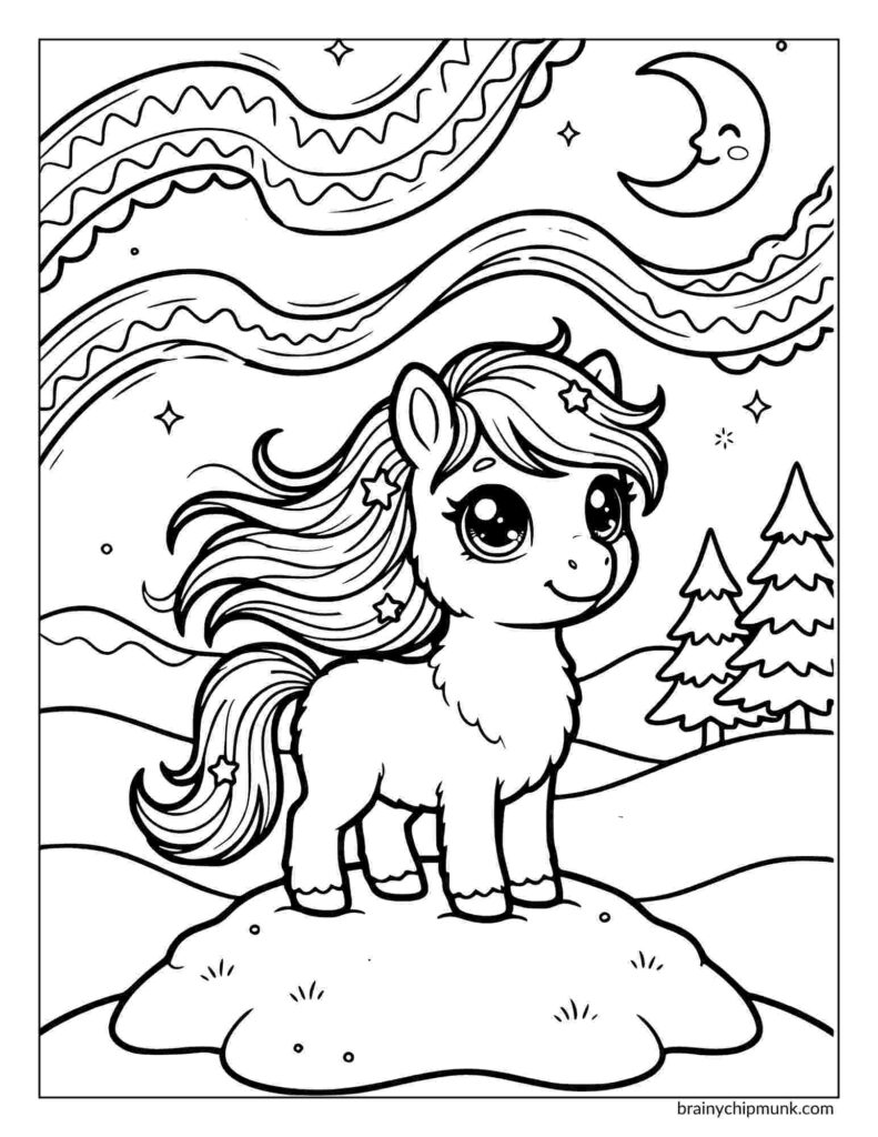 Coloring page featuring a pony  with flowing hair stands on a hill under a starry night sky with a crescent moon. Wavy lines northern lights and pine trees add a whimsical touch.