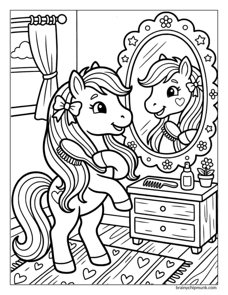 Coloring page featuring a pony with a bow in its mane brushes its hair while looking in a heart-decorated mirror on a vanity. A cheerful, playful scene.