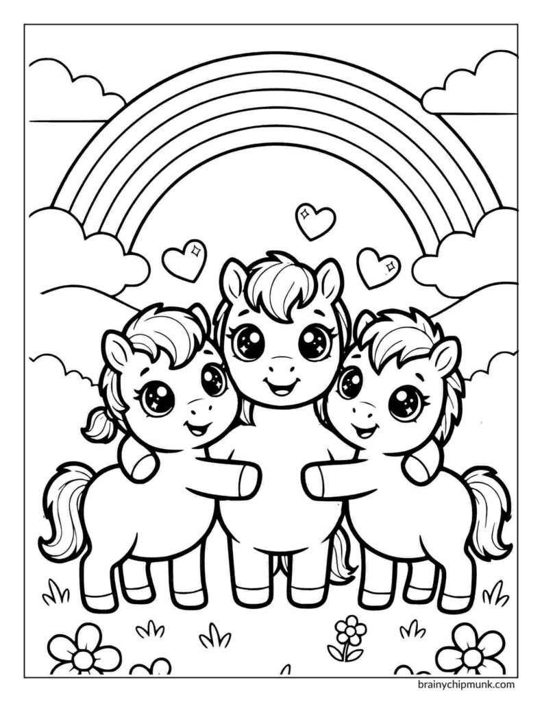 Coloring page of three adorable ponies hug under a rainbow, surrounded by clouds, hearts, and flowers. The scene is joyful and cartoonish, conveying friendship.