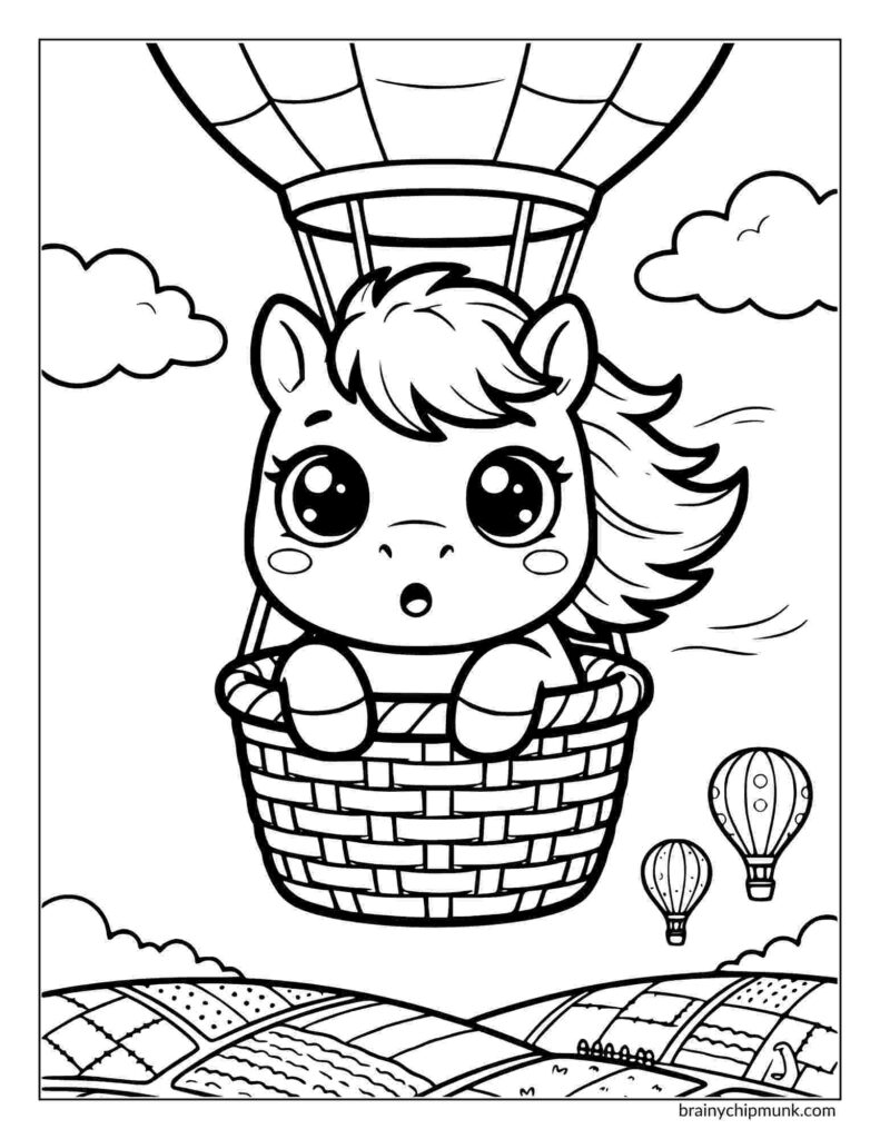 Cute coloriing page pony in a hot air balloon, wide-eyed and curious. Two balloons in the distance over rolling hills and clouds. Whimsical and playful tone.