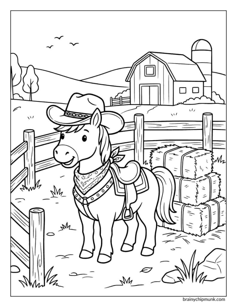 Coloring page featuring a pony wears a cowboy hat and saddle, standing in a fenced area with hay bales. A barn and rolling hills are in the background.