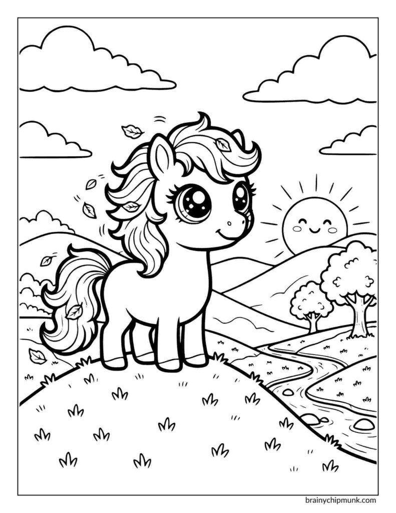 Coloring page featuring a pony stands on a hill with flowing mane and tail, surrounded by falling leaves. A smiling sun rises over distant hills and trees.