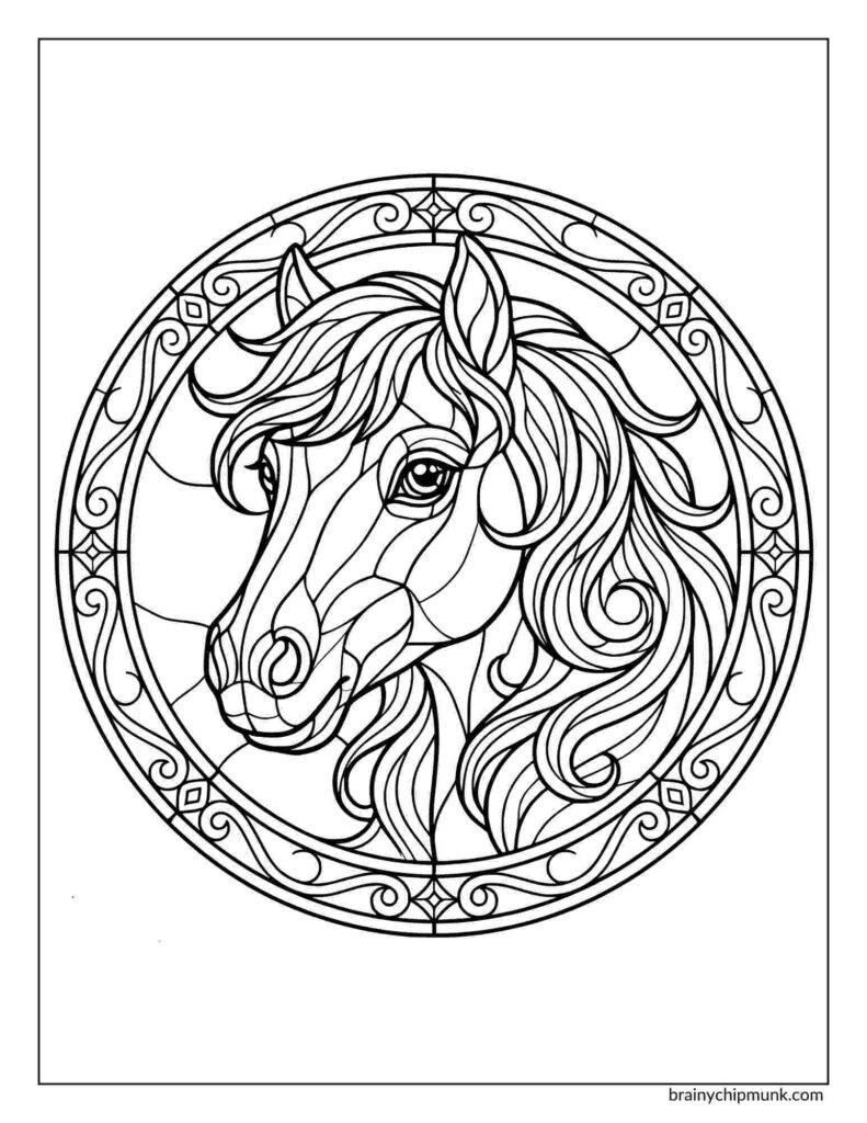 Stained glass style coloring page of a ponny head surrounded by an ornate circular frame. The design features flowing lines and intricate patterns.
