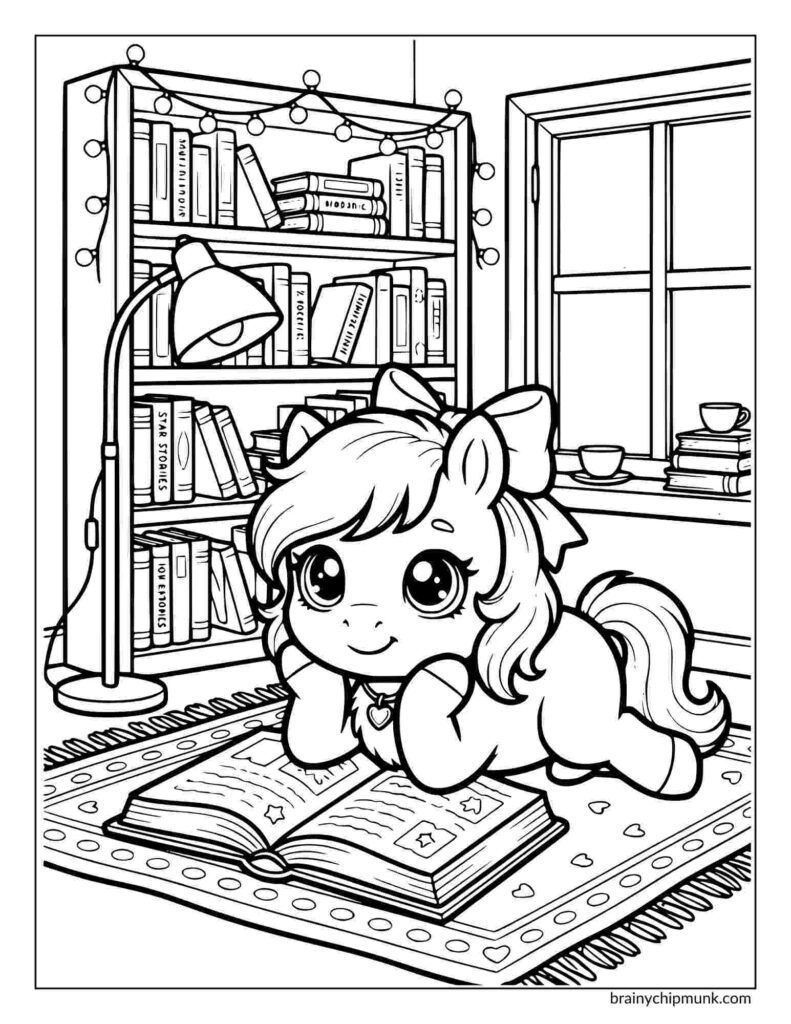 Cute pony coloring page with a bow reading a book on a cozy rug, surrounded by a bookshelf with fairy lights, teacups on the windowsill. Charming, playful vibe.
