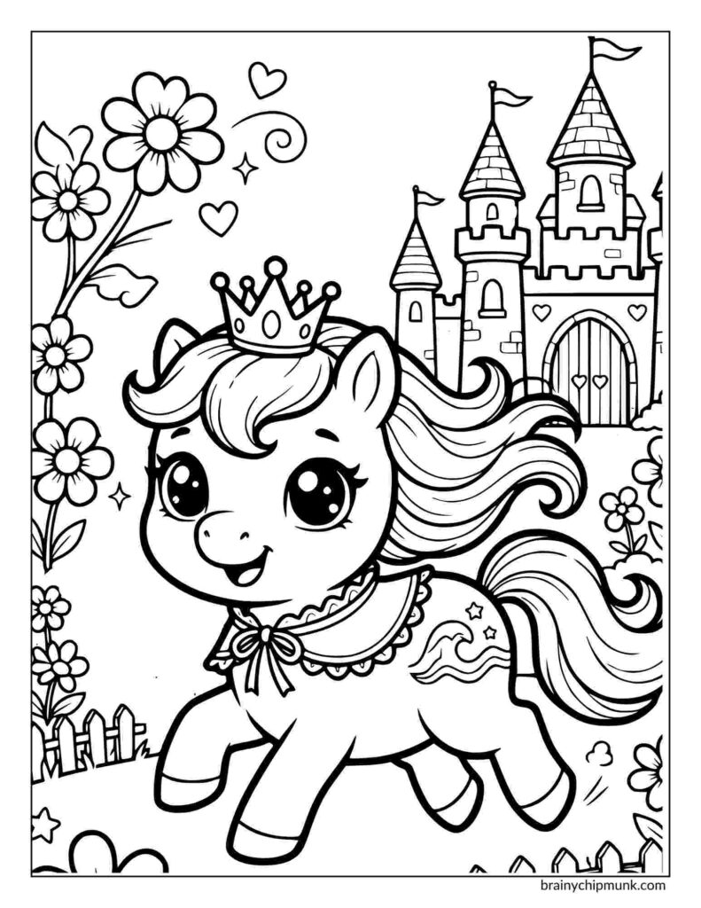 Coloring page featuring a whimsical pony with a crown and flowing mane trots happily near a castle in a garden. Flowers and hearts add a joyful, magical touch.
