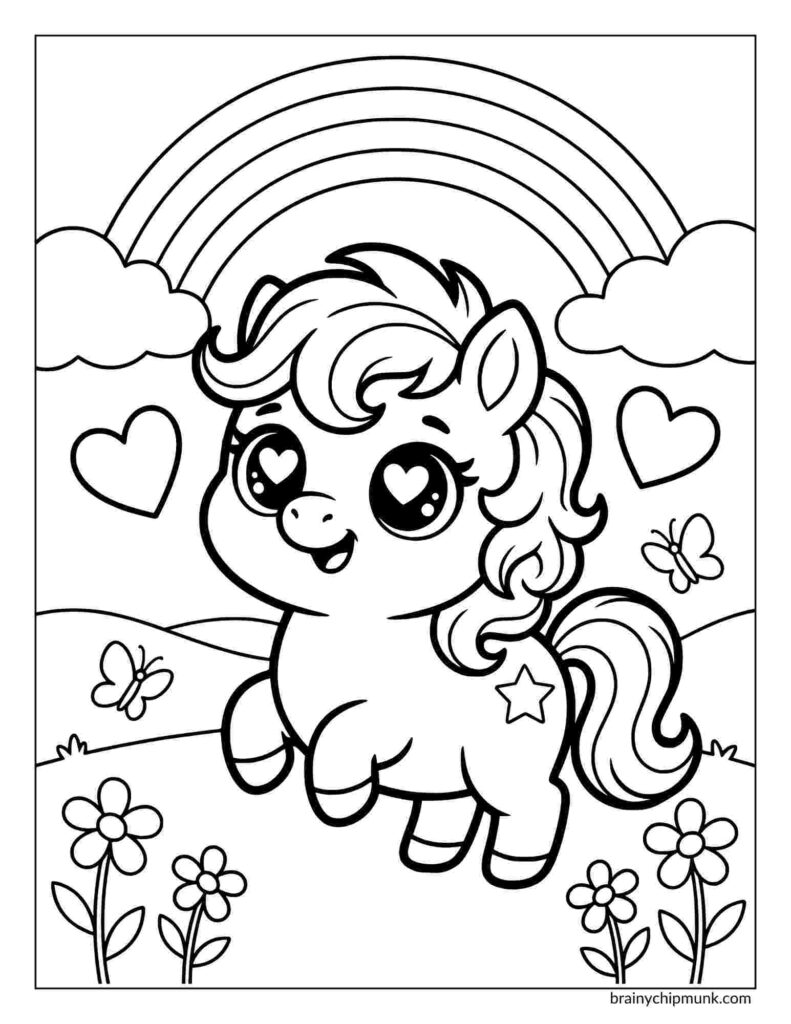 Coloring page featuring a pony with heart-shaped eyes and a star on its side stands joyfully in a field. Butterflies, flowers, hearts, and a rainbow add to the cheerful scene.