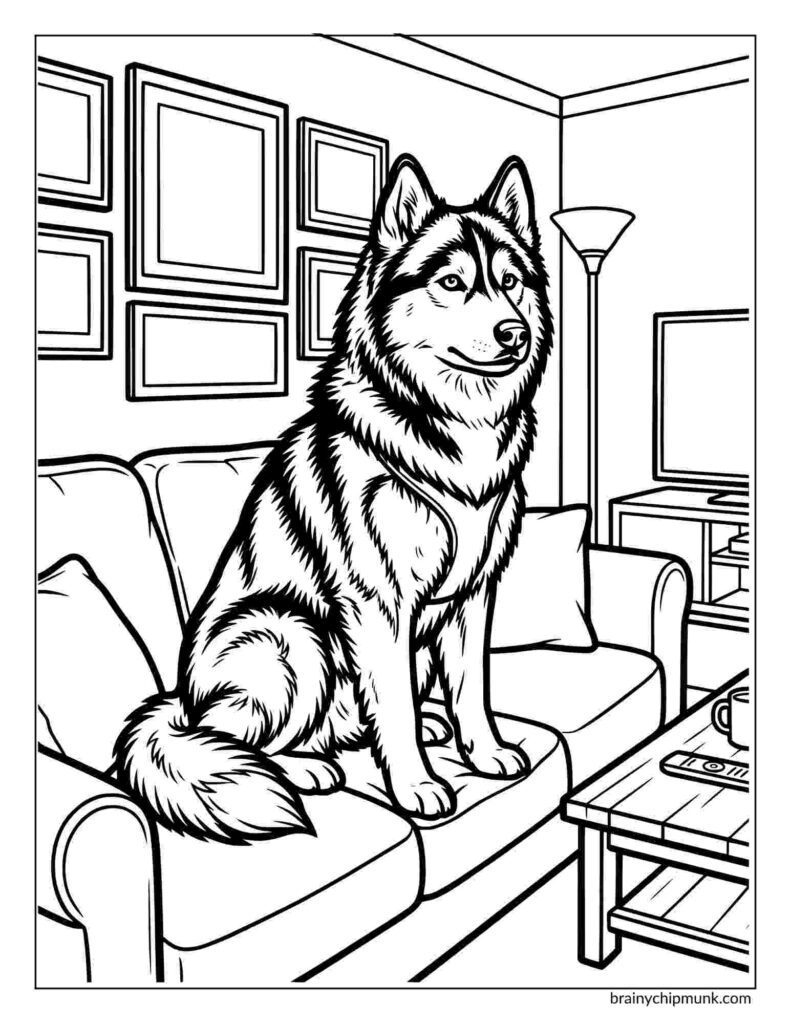 42 Cute Husky Coloring Pages Coloring page of a fluffy husky sitting on a sofa in a cozy living room. The room features framed pictures, a floor lamp, and a TV on a stand.