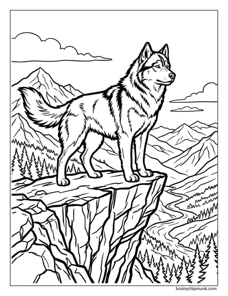 42 Cute Husky Coloring Pages Coloring page of a husky standing proudly on a cliff, with a mountain and river landscape in the background. The scene conveys strength and majesty.
