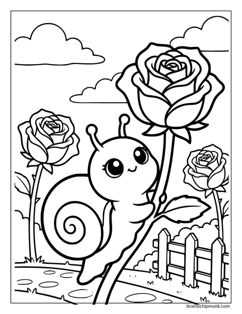 A cute, cartoon snail coloring page with large eyes climbs a tall rose stem. Surrounded by roses, a fence, and clouds, the scene is cheerful and whimsical.