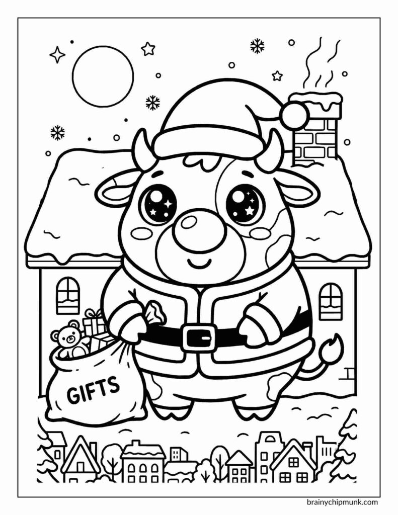 25 Super Cute Cow Coloring Pages Cute cow dressed as Santa, holding a gift sack labeled "Gifts" in front of a snowy house under a starry night sky with a large moon coloring page.
