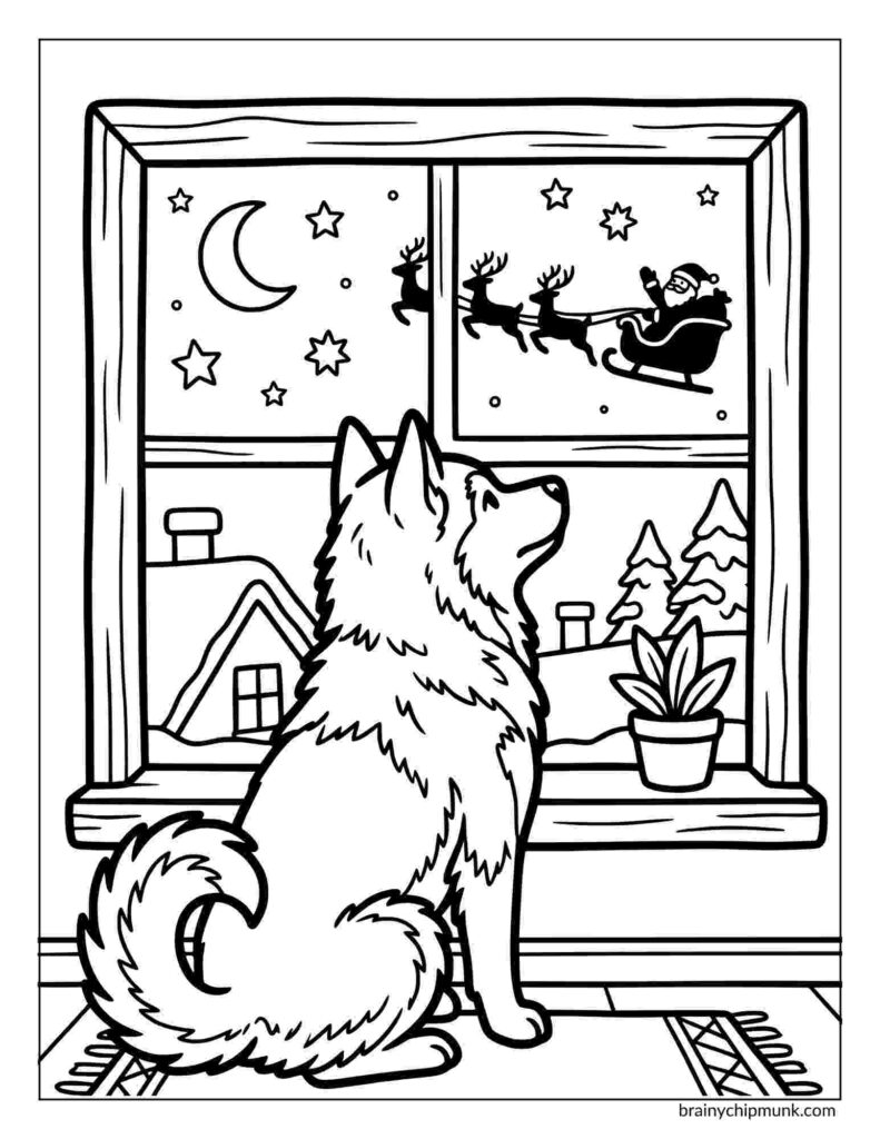 42 Cute Husky Coloring Pages A husky sits inside by a window, watching Santa in a sleigh with reindeer flying across a starry sky with a crescent moon, creating a festive coloring page scene.