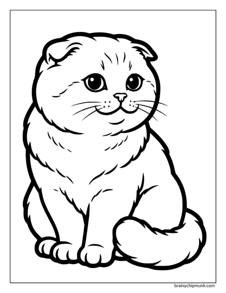 Coloring page of a cute, Scottish Fold cat sitting upright. The kitten has large eyes, round cheeks, and a fluffy tail.