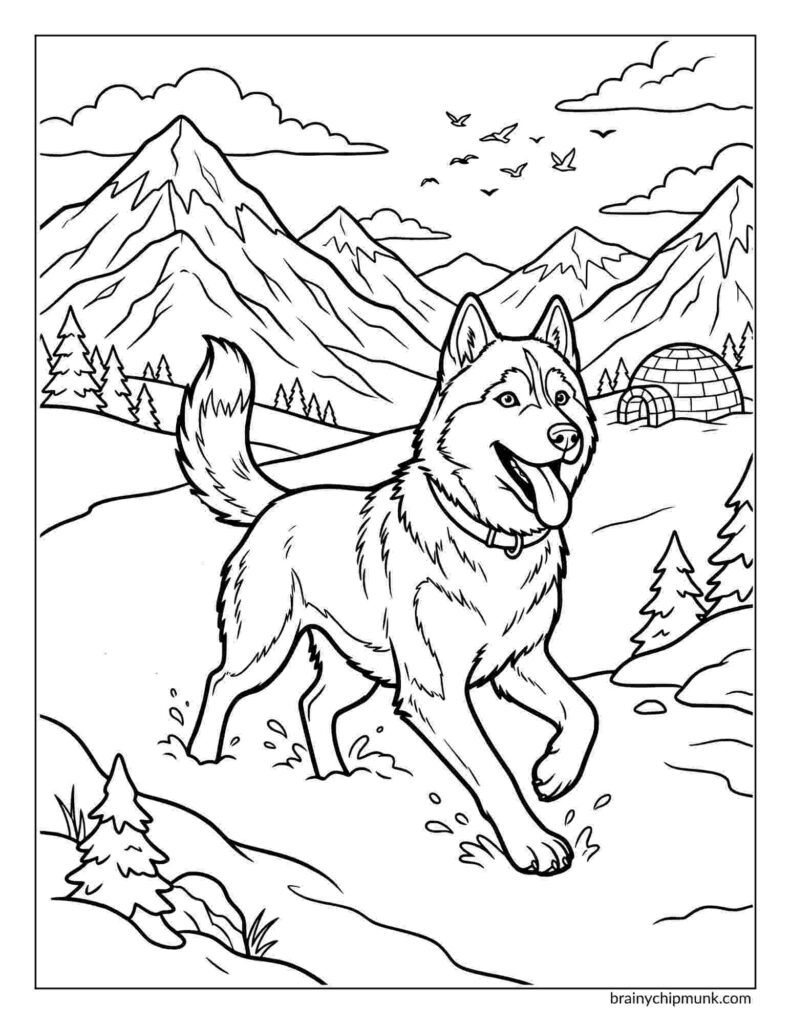 42 Cute Husky Coloring Pages Coloring page of mountain scene with a happy husky dog walking in snow. Mountains, trees, and an igloo are in the background under a cloudy sky.