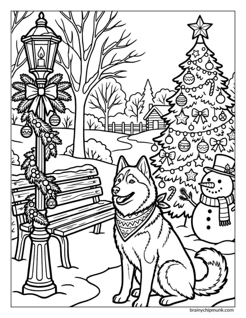 42 Cute Husky Coloring Pages Coloring page of a festive winter scene with a joyful husky wearing a scarf near a lamppost adorned with garlands. A snowman and decorated Christmas tree are in the background.