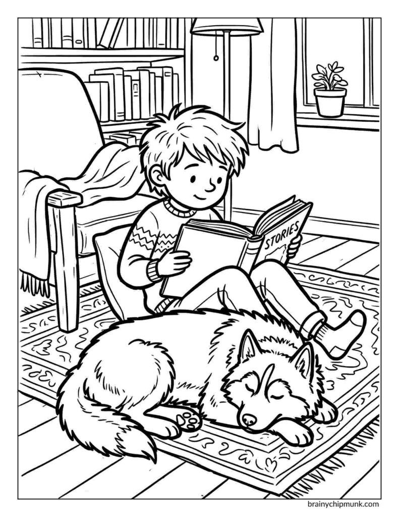42 Cute Husky Coloring Pages A child sits on a cozy rug, reading a book titled "Stories," with a sleeping husky beside them. The coloring page scene is calm, with a chair and bookshelf nearby.