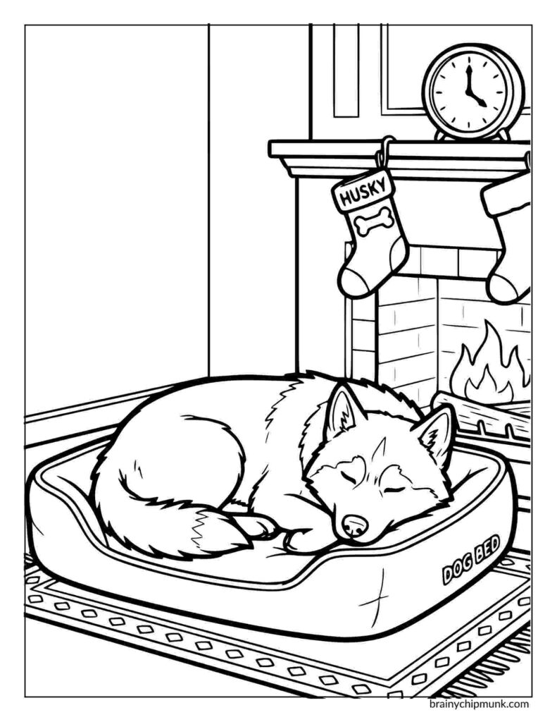 42 Cute Husky Coloring Pages A husky sleeps peacefully on a dog bed by a cozy fireplace coloring page. A stocking labeled "Husky" hangs from the mantel, creating a warm, festive atmosphere.