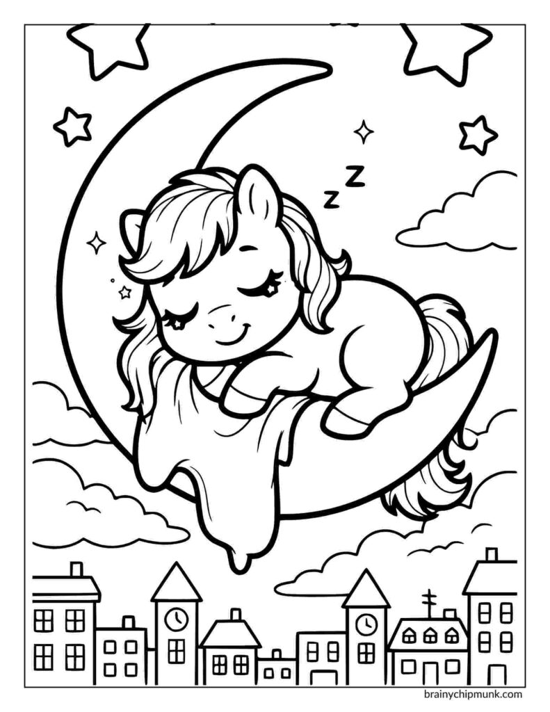 Coloring page of a pony with a peaceful smile sleeps on a crescent moon, surrounded by stars and clouds. Below, a townscape with simple buildings. Relaxed vibe.