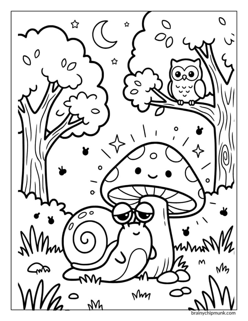 Coloring page of a snail that leans against a smiling mushroom under a starry night sky with a crescent moon. An owl sits on a tree branch. Playful and whimsical scene.