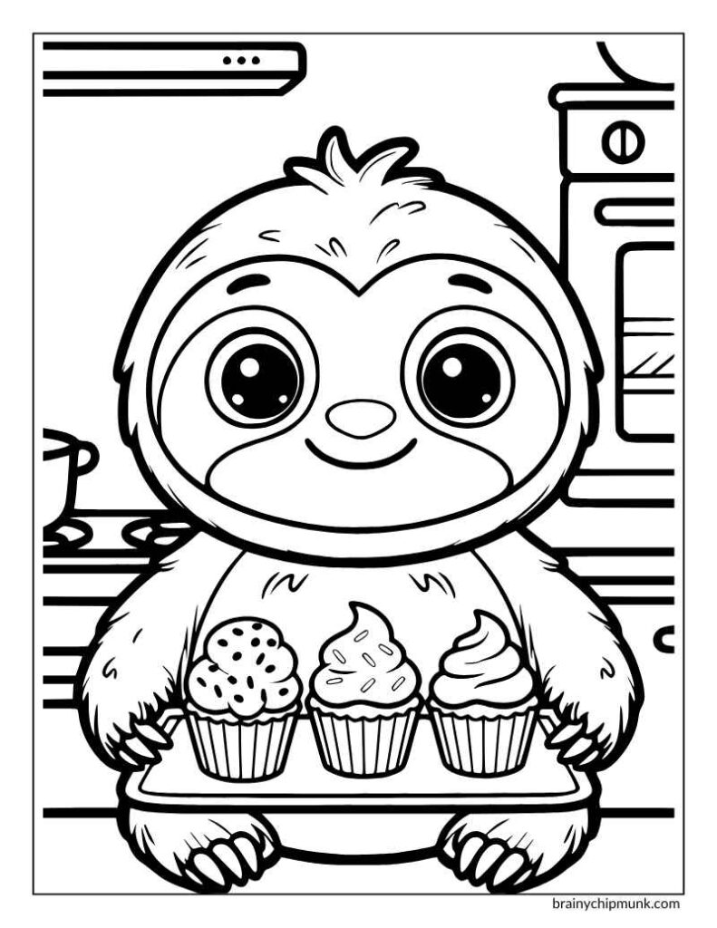 Cute Sloth holding a trat of baked cupcakes standing in a kitchen.