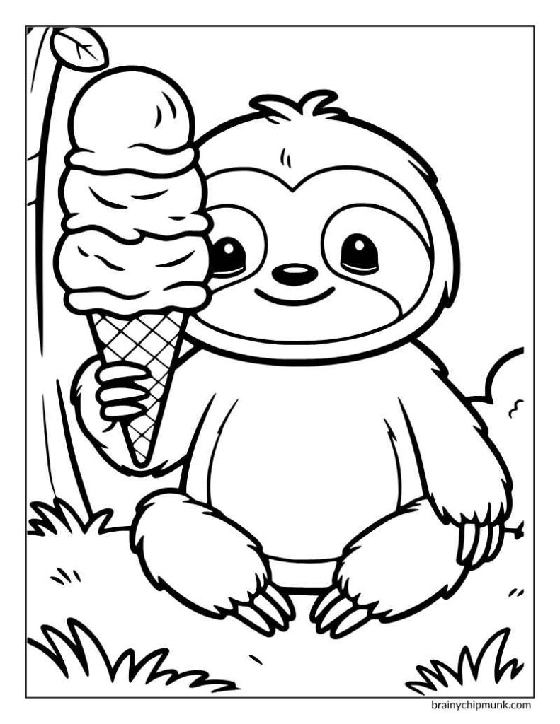 Cute sloth holding a big 3 scoop icecream.