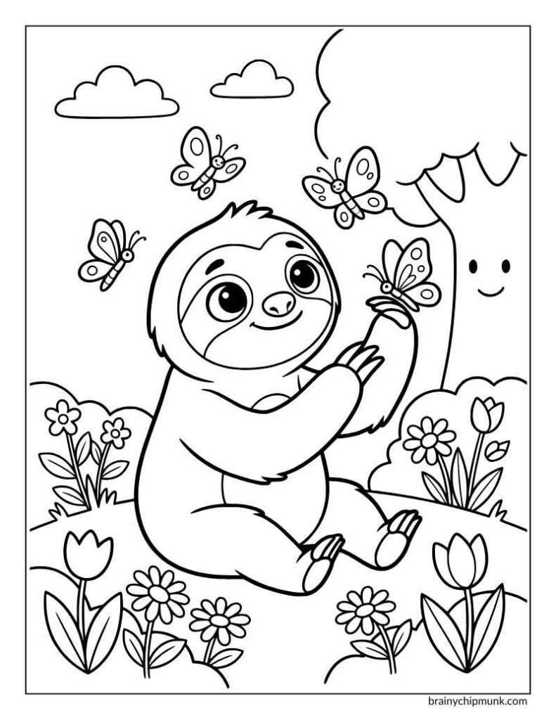 Sloth loves to play with butterflies in  sitting in a park coloring page.
