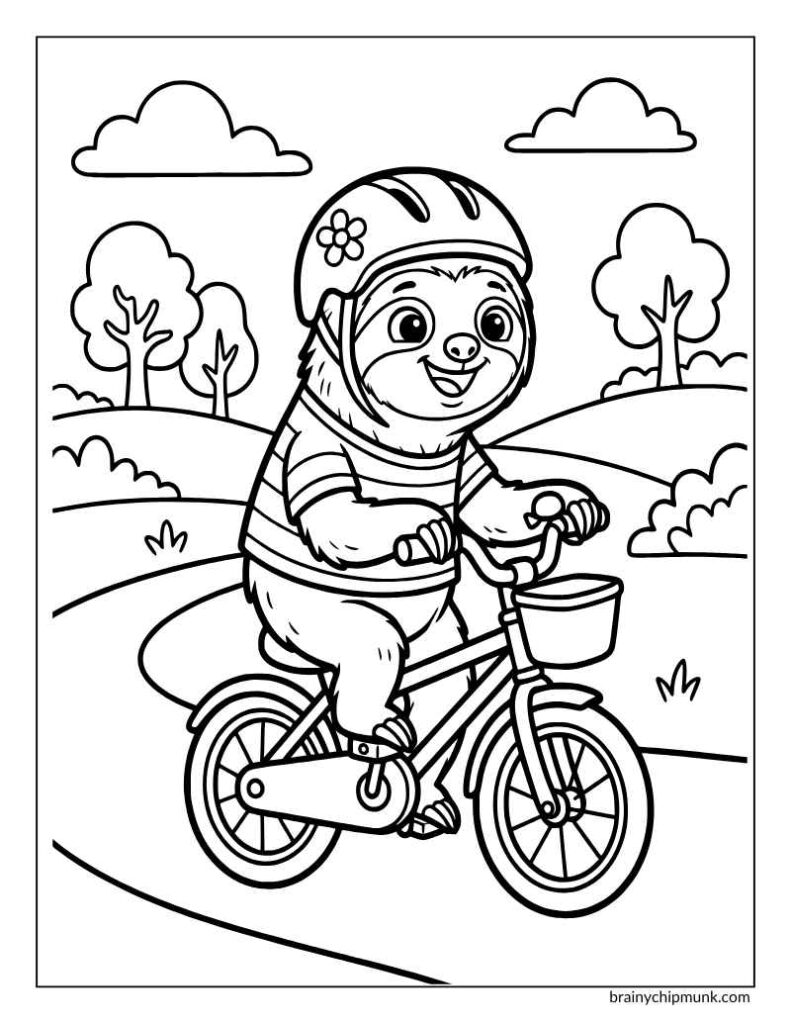 Sloth riding a bicycle in a park and wearing a cute helmet and a tee shirt.