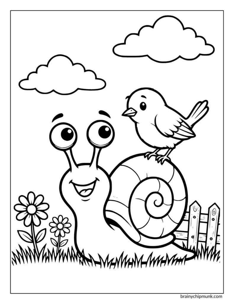 A coloring page of a smiling snail with large eyes sits on grass, a robin perches on its shell. Flowers and a wooden fence are in the background, under two clouds.