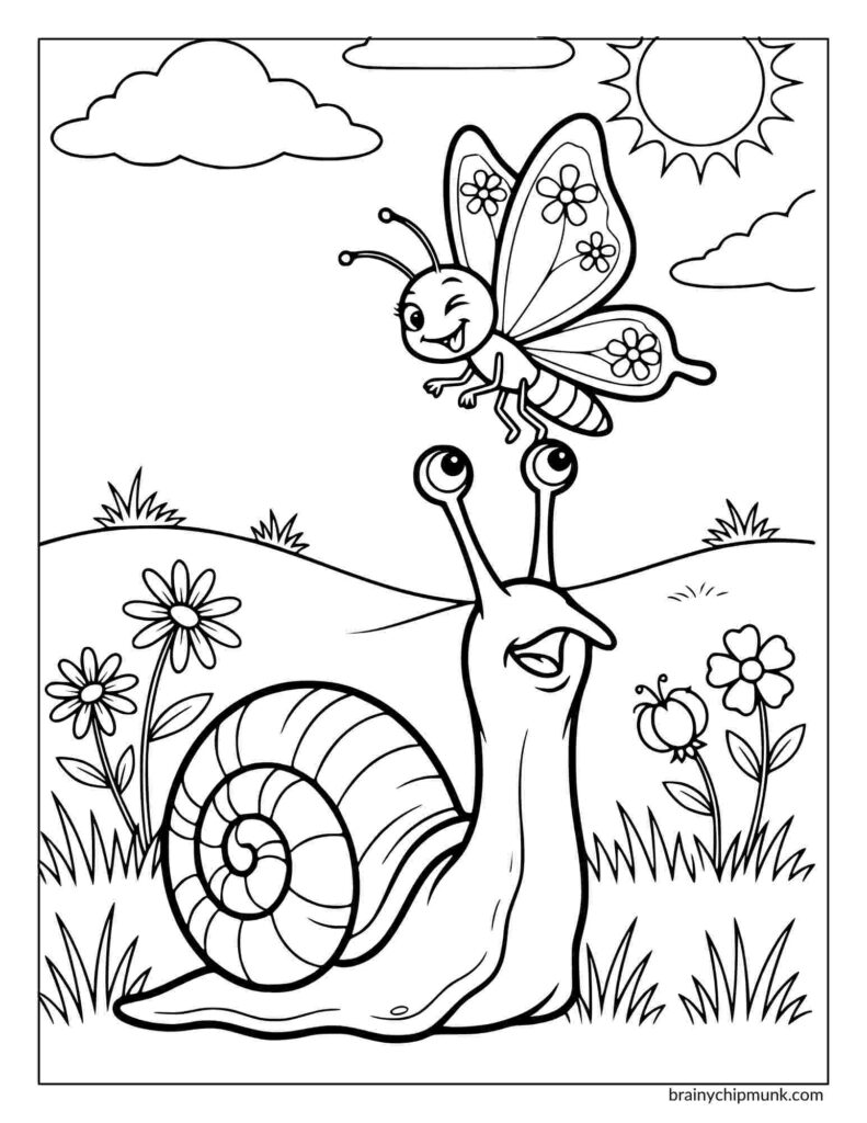 Coloring page of a snail with expressive eyes and a large shell is in a grassy field, as a cheerful butterfly lands on its head. Flowers and a bright sun adorn the scene.