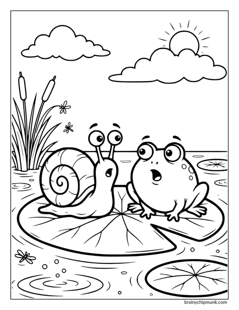 A coloring page cartoon frog and snail sit on a lily pad in a pond, looking surprised. The sun peeks from behind clouds, and cattails grow beside them.