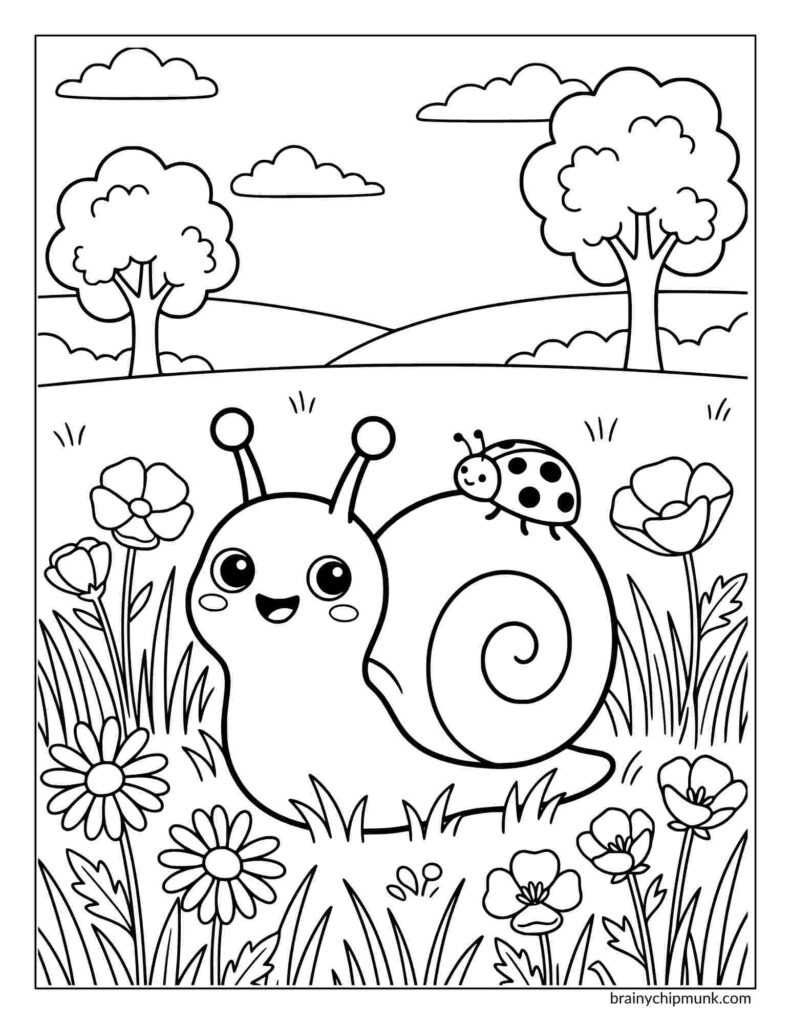 An Illustrative coloring page of a smiling snail with a ladybug on its shell, surrounded by flowers and grass. Two trees and clouds sit under a clear sky in the background.