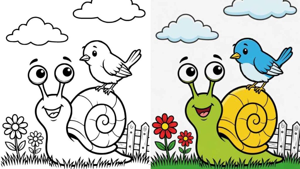 A Snail coloring page with a cheerful cartoon snail and bird against a cloudy sky. On the left, black and white; on the right, colorful with a green snail and blue bird.