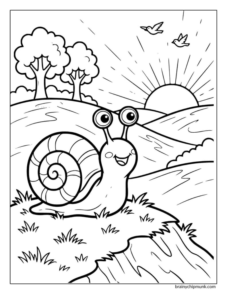 Coloring page of snail with a spiral shell, smiling in a grassy landscape. Sun rises with rays, two birds in sky, and fluffy trees in background, creating a cheerful tone.