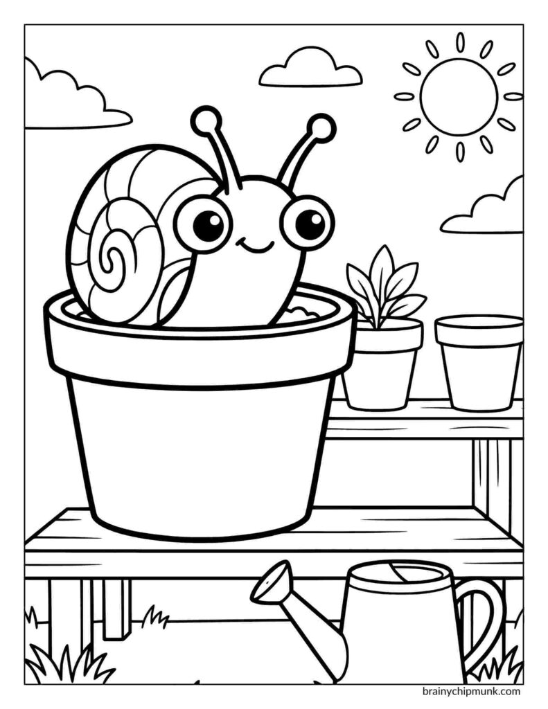 Coloring page of a cute cartoon snail with big eyes in a flower pot on a garden bench. Sunny day with fluffy clouds, a small plant, and a watering can nearby.
