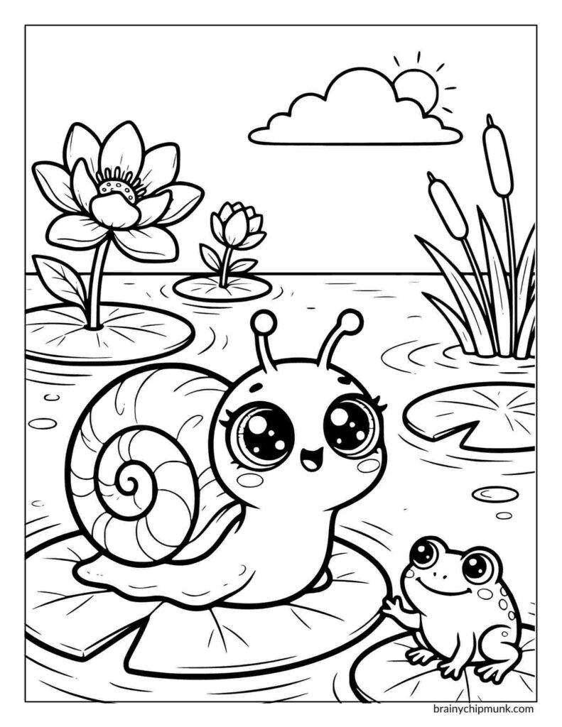 Coloring page of a cute snail with large eyes smiles while sitting on a lily pad. A cheerful frog sits beside it. Surrounding are blooming water lilies and reeds under a sunny sky.