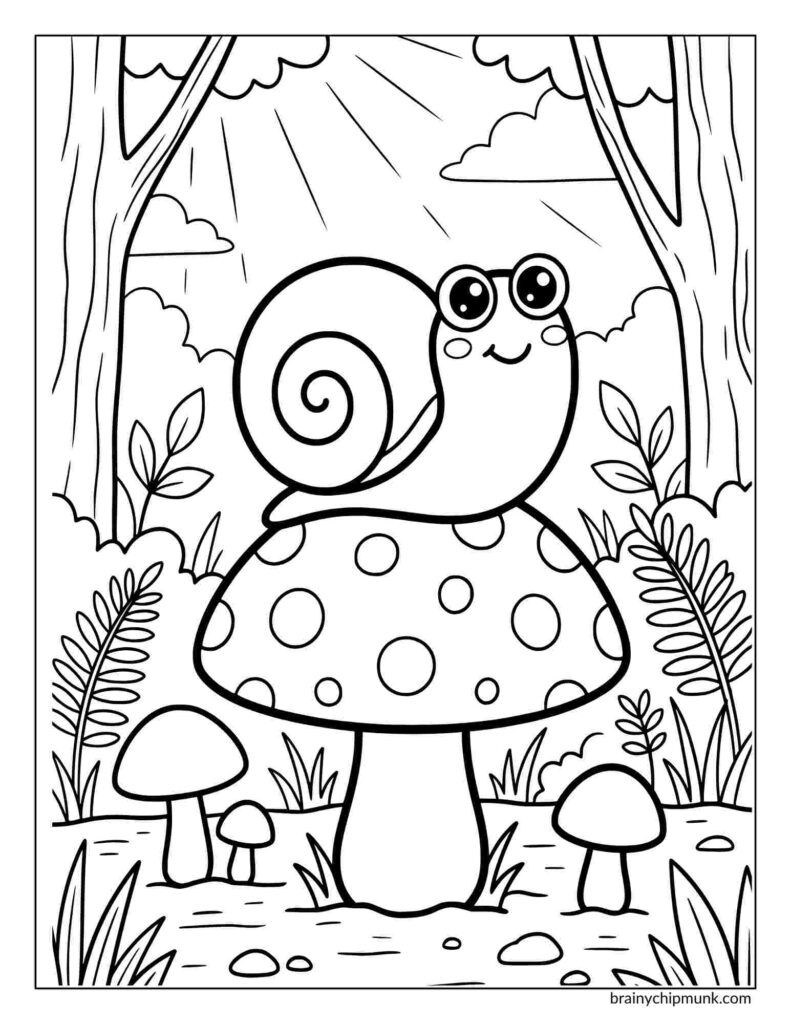 A cute snail coloring page in which a snail with large eyes sits atop a polka-dotted mushroom in a forest setting. Sun rays shine down amid trees, ferns, and smaller mushrooms.