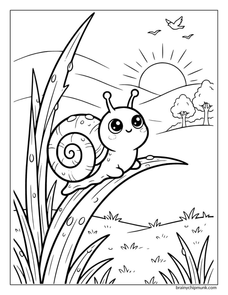 Cute coloring page of a snails sitting on a leaf with a spiral shell, looks up at a sunrise. Birds fly in the sky, trees and hills in the background, a peaceful scene.