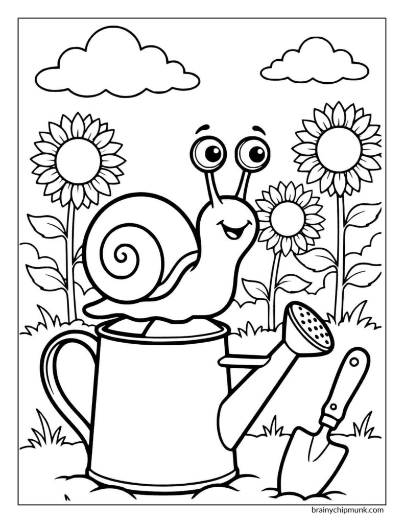Coloring page of a  happy snail sits on a watering can surrounded by tall sunflowers and fluffy clouds. A trowel lies next to the watering can in a grassy garden.