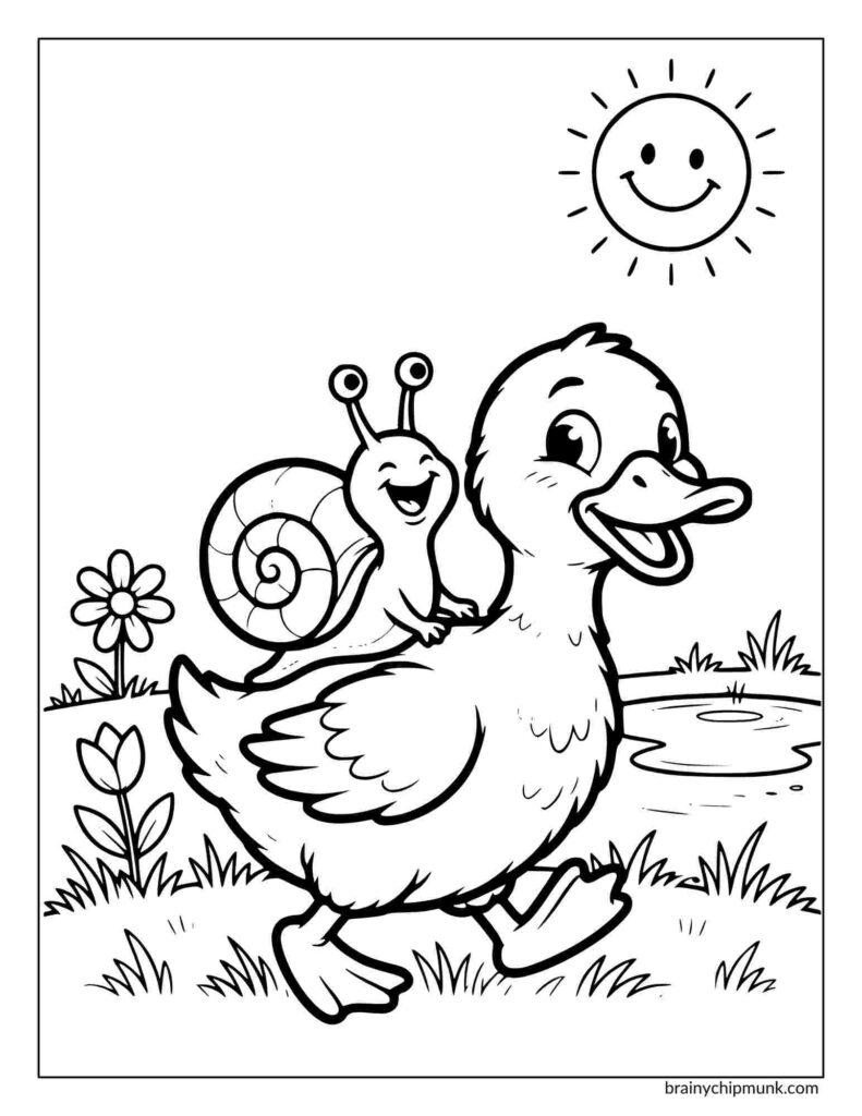 A happy duckling with a joyful snail on its back strolls near a pond. The sun smiles above, and flowers bloom, creating a cheerful scene. This is an image of a snail coloring page.