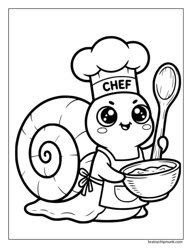 Snail coloring page of a cartoon snail chef wearing a hat labeled “Chef,” holding a bowl and spoon. The snail sports a cheerful expression and an apron.