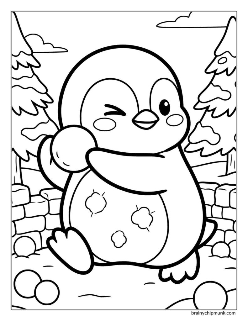 A playful cartoon penguin winks while holding a snowball, with snowy trees and a stone wall in the background, creating a fun winter scene.