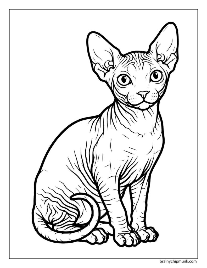 Line drawing of a Sphynx cat, seated with pointed ears and wrinkled skin. The cat looks directly forward with large eyes, conveying curiosity.