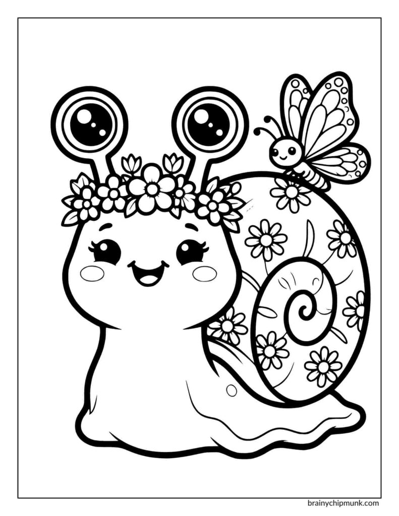 Coloring page of a cute cartoon snail with large eyes wears a flower crown. Its shell is decorated with flowers, and a smiling butterfly sits on top, conveying joy.