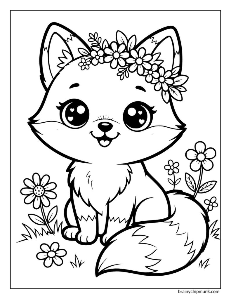 Coloring page of a Cute cartoon fox wearing a daisy flower crown, sitting in a field with flowers and grass. The fox has large eyes and a cheerful expression.