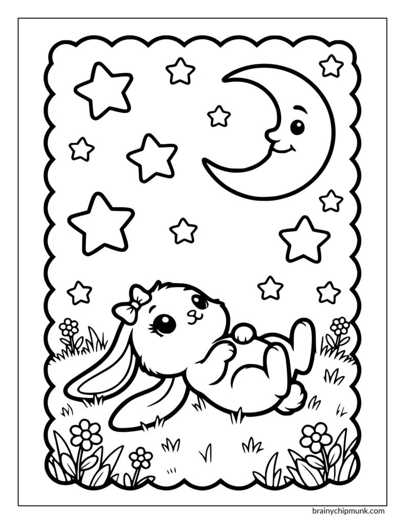 Cute bunny with a bow lies on grass, gazing at a smiling crescent moon and stars. The scene is framed by flowers, conveying a peaceful night.