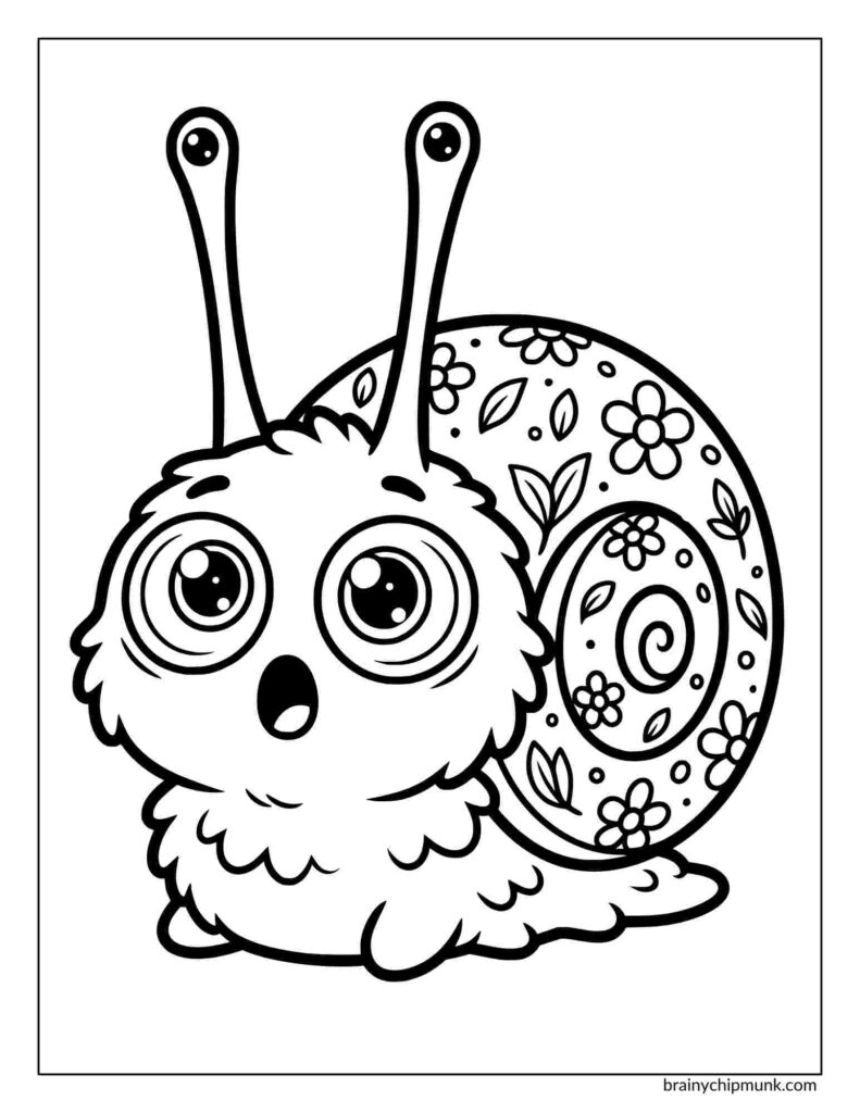 Cute cartoon snail coloring page with large, expressive eyes and detailed floral patterns on its shell, conveying a whimsical and playful vibe.