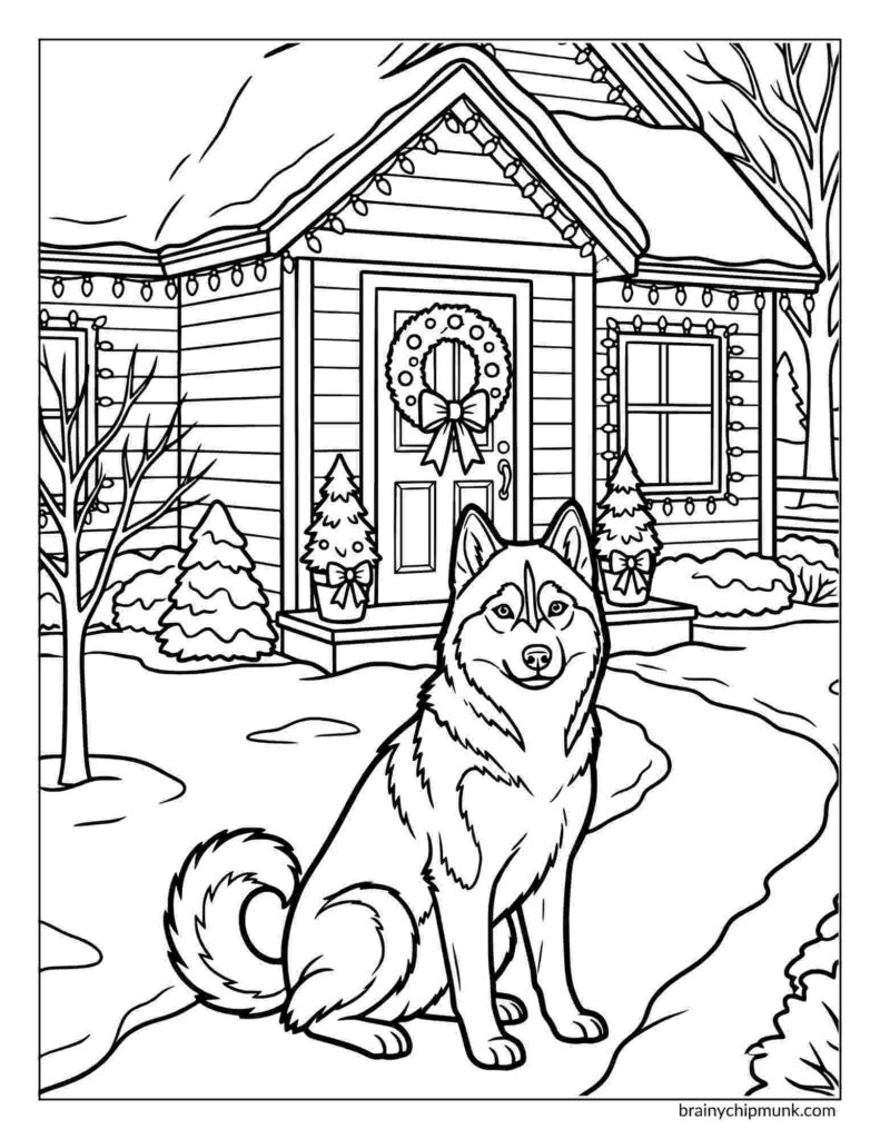 42 Cute Husky Coloring Pages A husky sits on a snowy walkway in front of a cozy house, adorned with holiday lights and wreaths. Snow-draped trees flank the house, creating a festive scene coloring page.